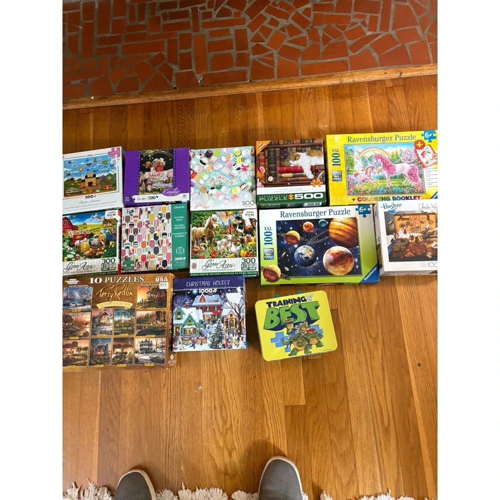 Huge Jigsaw Puzzle Lot 12pc Ravensburger White Mountain Squishmallows TMNT Tin